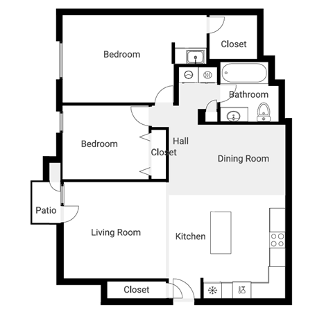 Floor plan for 2 beds, 1.3 baths, 982 sqft